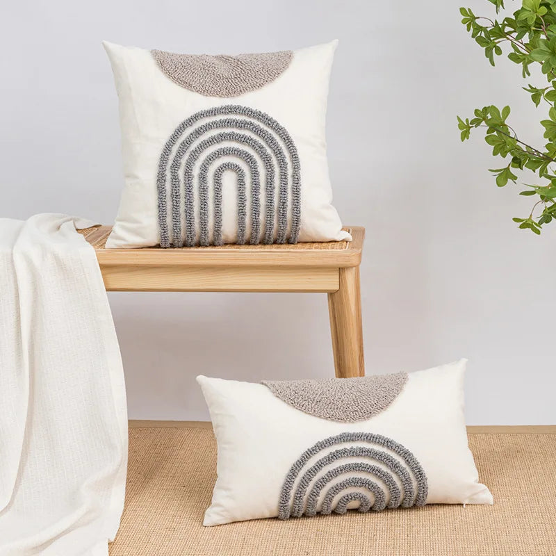 DecorBites™ Geometric Embroidery Tassel Cushion Cover - Grey White Simple Loop Tufted Pillow