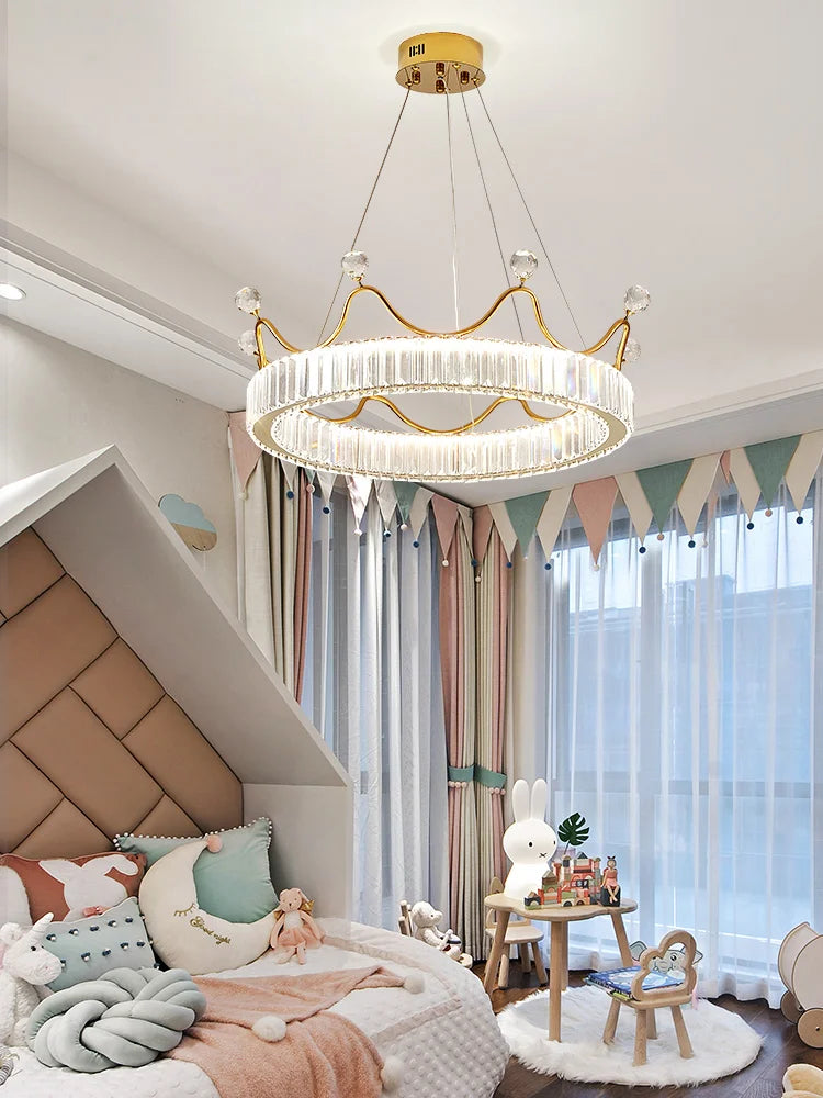 DecorBites™ Crystal Chandelier: Nordic LED Luxury Round Crown Petal Design for Girls' Bedroom