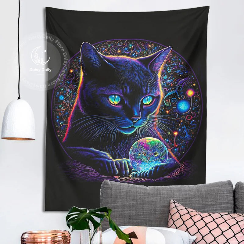 DecorBites™ Black Cat Tapestry: Trippy Magic Crystal Ball Wall Art for Boho Home Decor
