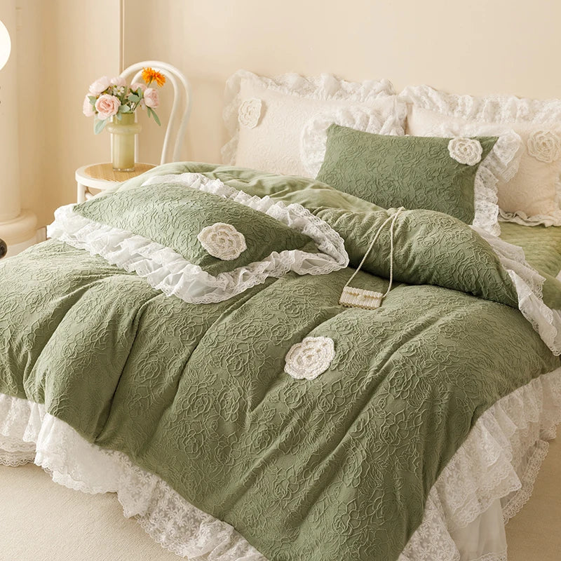 DecorBites™ Luxe Carved Velvet Lace Ruffles Bedding Set with Quilted Bed Skirt