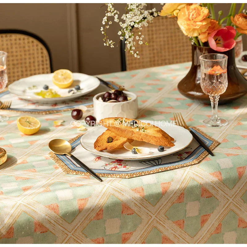 DecorBites™ Baroque Flowers Fringe Placemat Set- Luxury Cotton Linen Retro Hexagon Table Mats