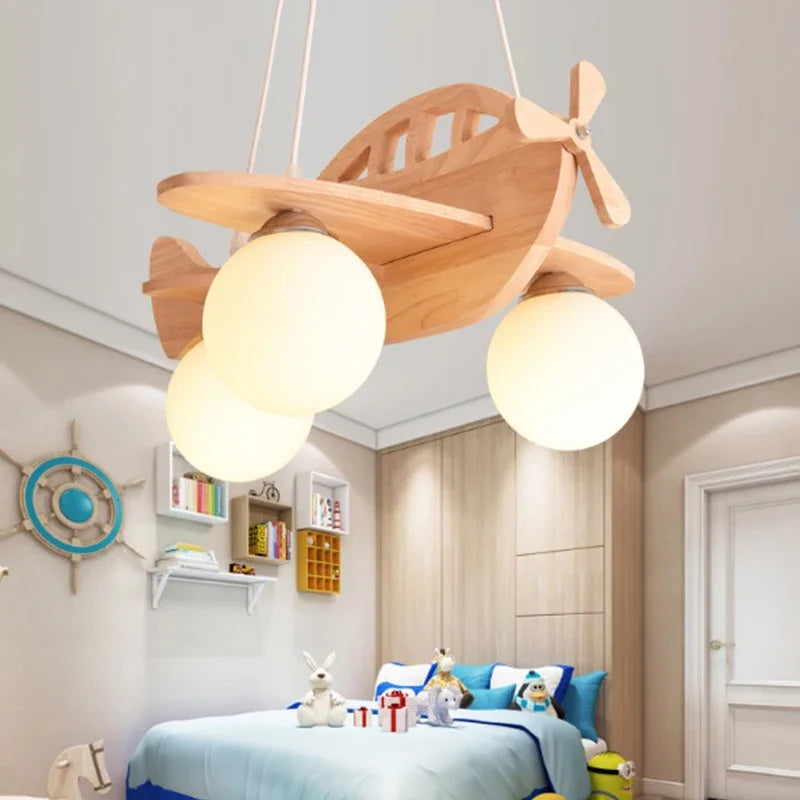 DecorBites™ Kids Wood Airplane Chandelier LED Nursery Aircraft Suspension Lights