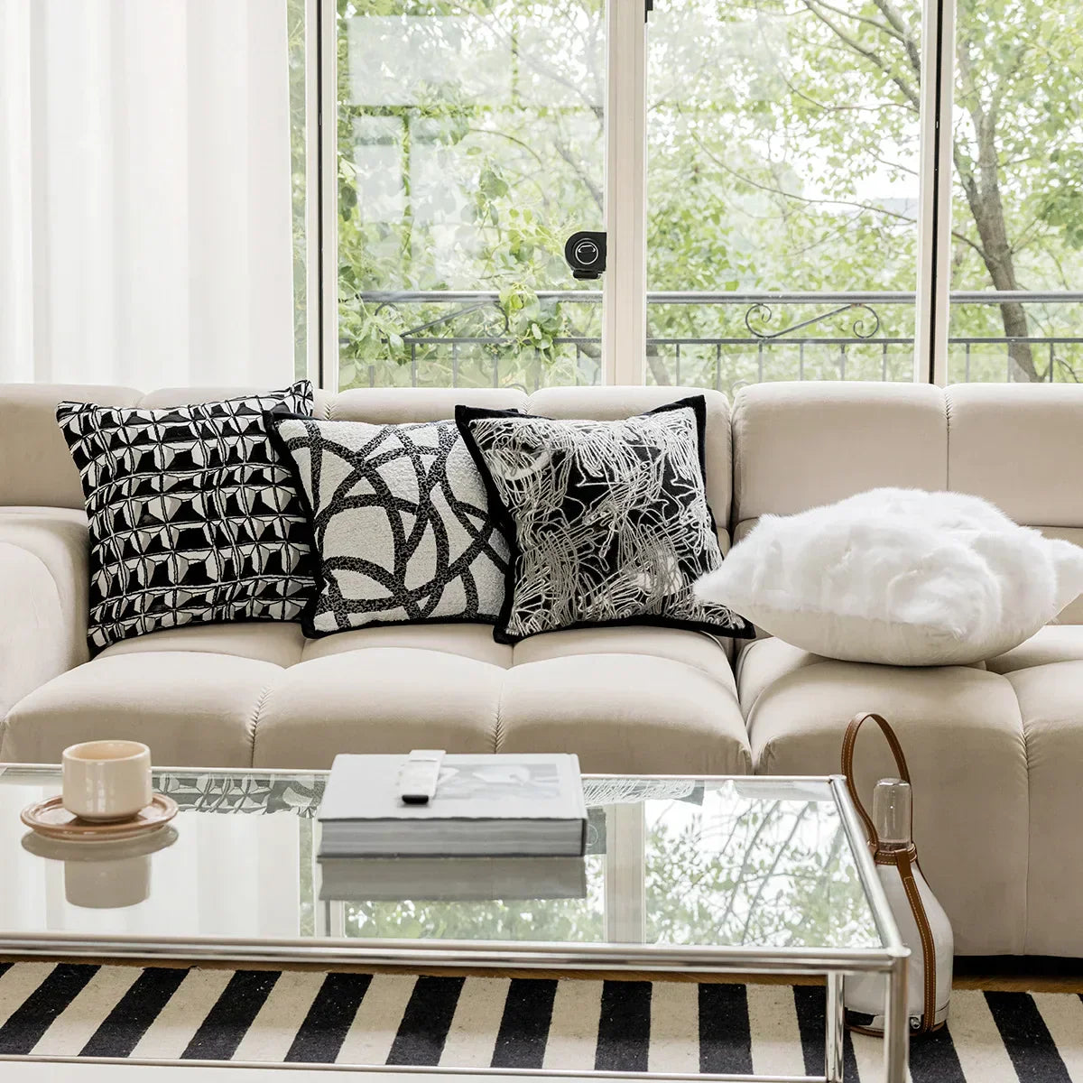 DecorBites™ Geometric Jacquard Embroidered Pillow Cover in Modern Minimalist Black and White Style