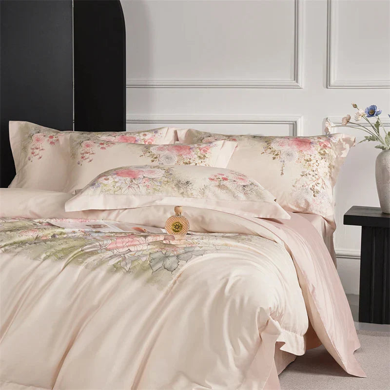DecorBites™ Flowers Pattern 1000TC Egyptian Cotton Luxury Bedding Set & Silk Duvet Cover