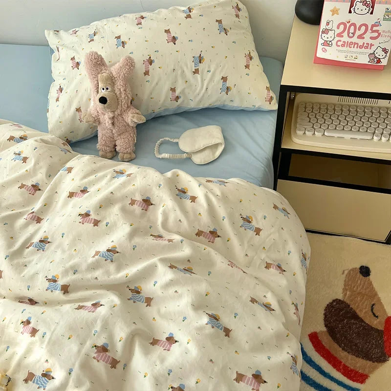 Cream cartoon bear pattern printed bedding set bedroom decor