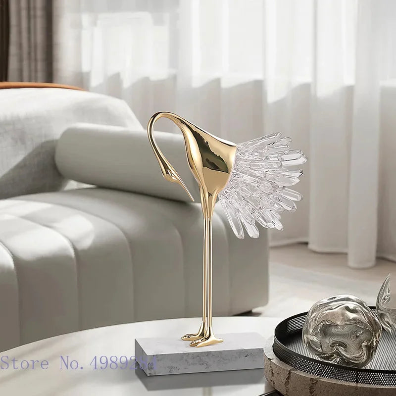 DecorBites™ Crane Golden Bird Agate Marble Crystal Home Decor Craft Statue