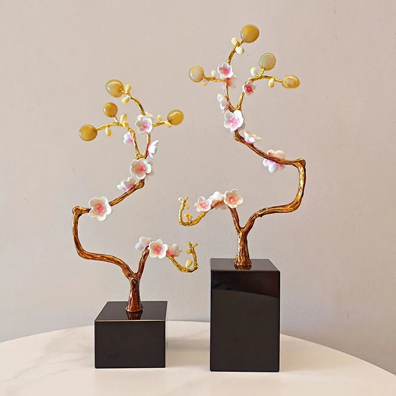 DecorBites™ Golden Tree Crystal Ball Plum Blossom Metal Decor Figurine