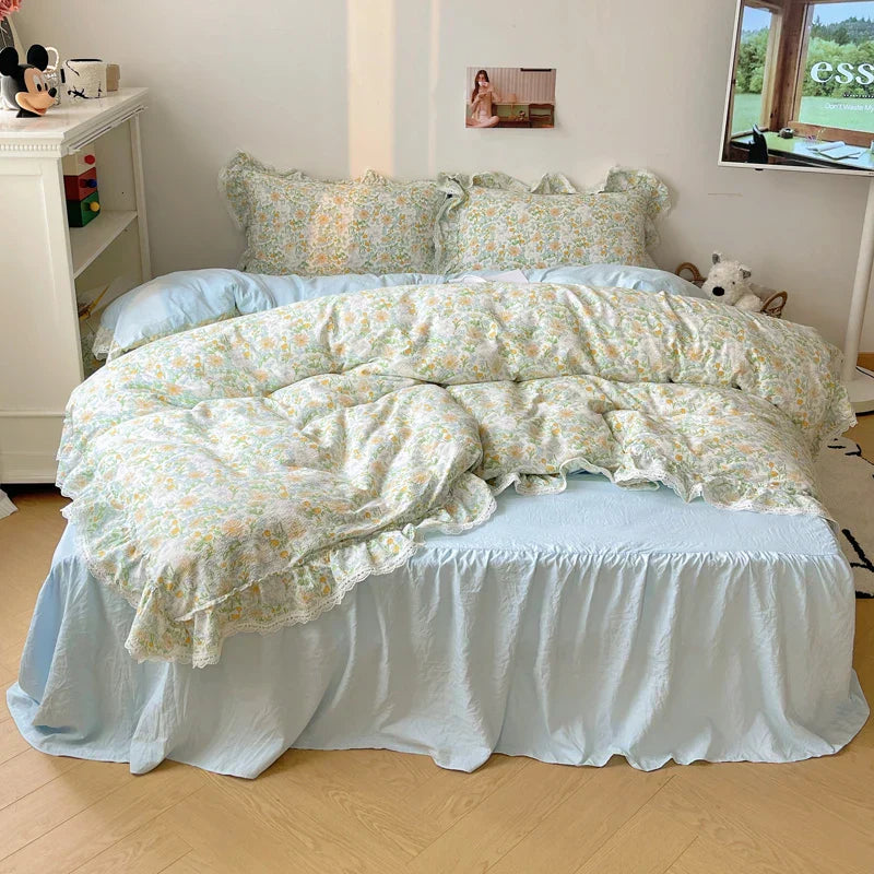 DecorBites™ Korean Lace Ruffles Bedding Set with Bed Skirt, Soft Skin-Friendly Material