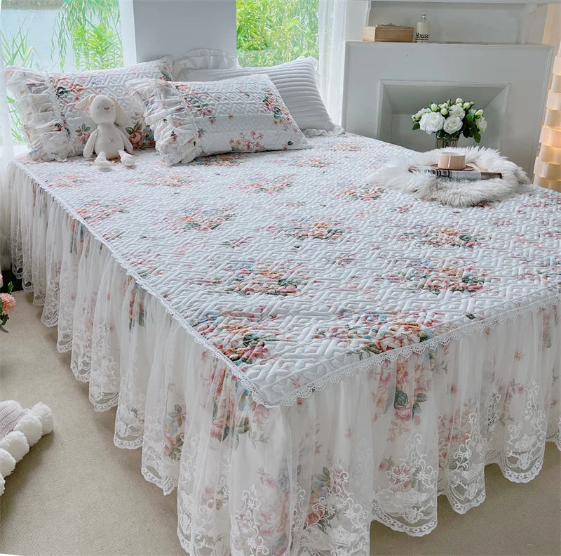 DecorBites™ French Floral Print Bedding Set: Duvet Cover, Lace Ruffles, Quilted Embroidery, Pillowcases