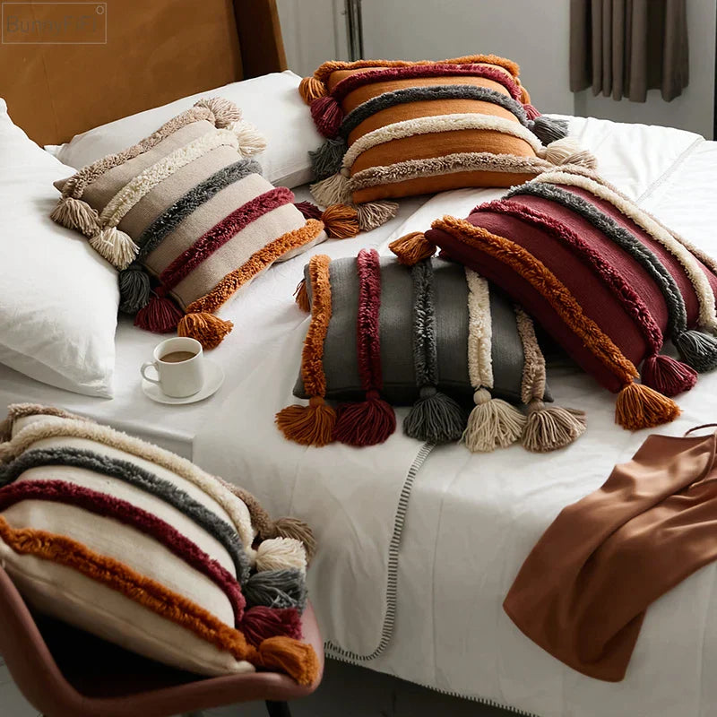 DecorBites™ Knit Boho Tassels Cushion Cover Ivory Beige Orange Grey Soft Pillow Cover
