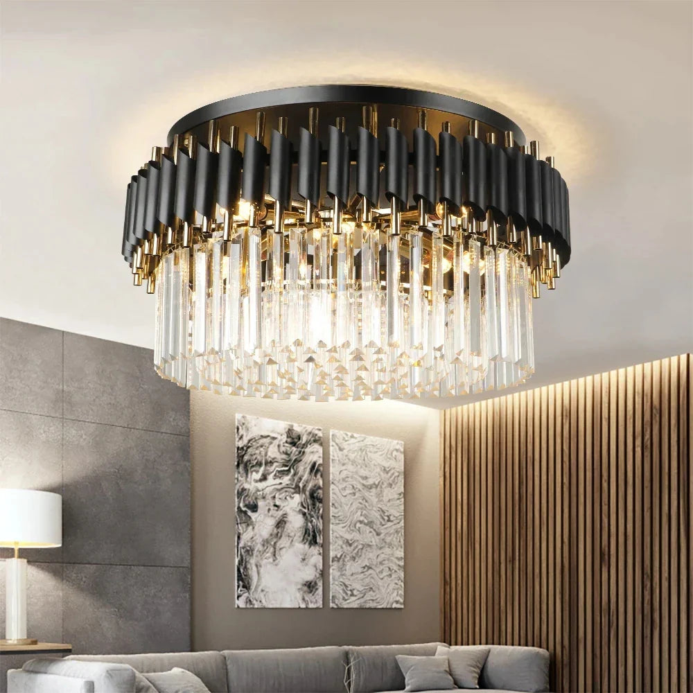DecorBites™ Gold Black Crystal Ceiling Chandelier - Round LED Pendant for Living Room Lighting