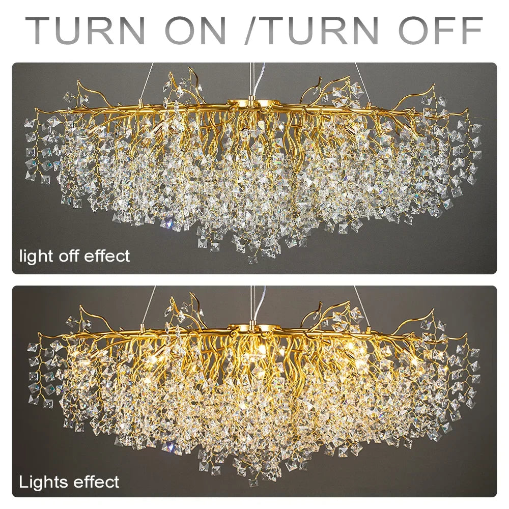 DecorBites™ Gold Crystal Chandelier LED Round Light Island Branch Chandelier