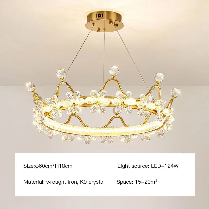 DecorBites™ Crystal Chandelier: Nordic LED Luxury Round Crown Petal Design for Girls' Bedroom