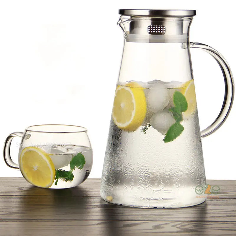 DecorBites™ Glass Pitcher - Large Heat-Resistant Borosilicate Jug with Stainless Steel Lid