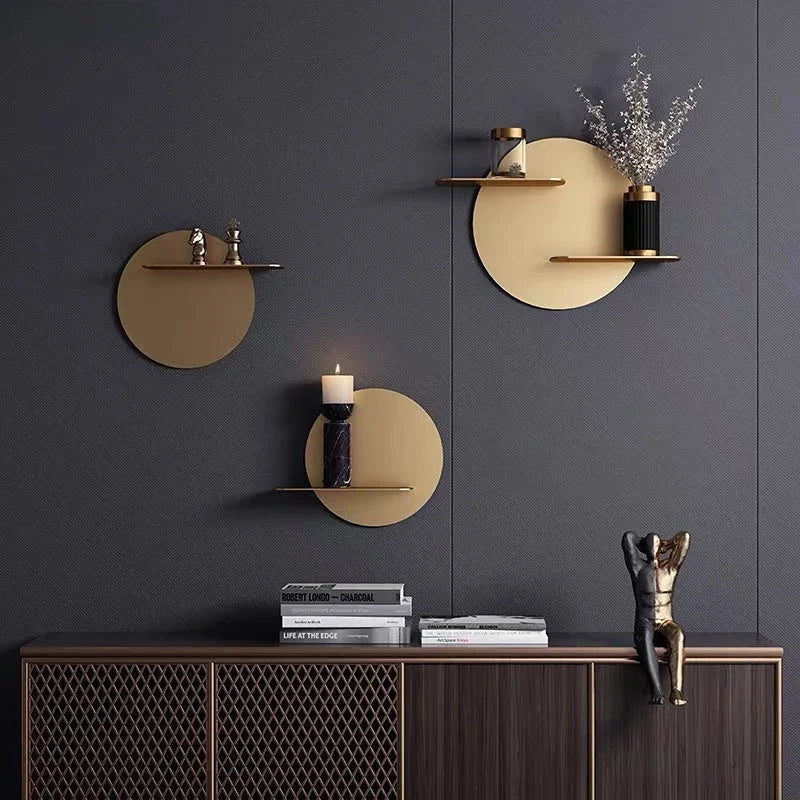 DecorBites™ Gold Metal Round Wall Storage Shelf with Hooks