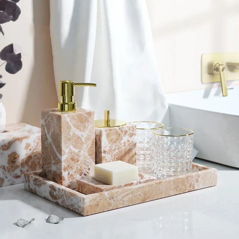DecorBites™ Coral Pink Marble Bathroom Accessories Set: Dispenser, Dish, Holder, Tissue Box, Tray