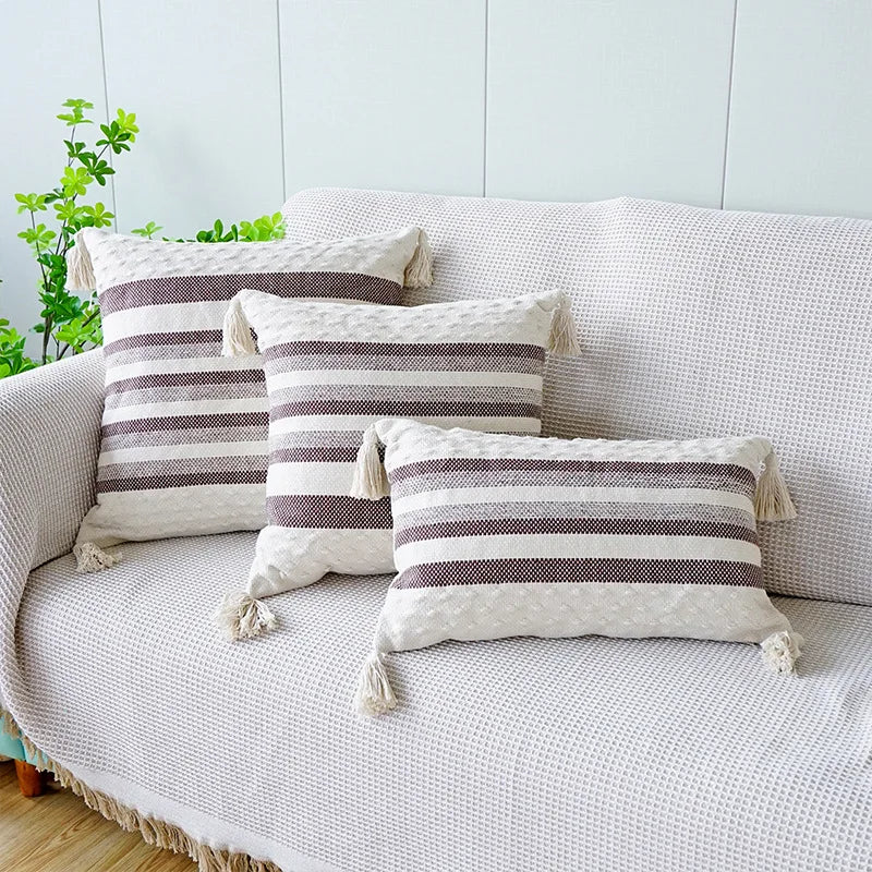DecorBites™ Ivory Brown Coffee Black Stripe Pillow Case with Tassels 45x45cm 30x50cm 50x50cm