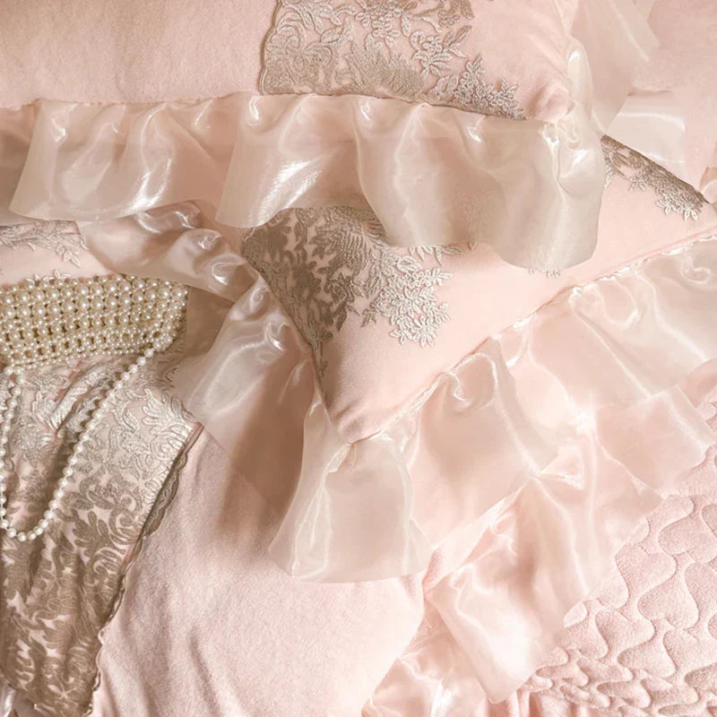 DecorBites™ French Lace Ruffles Princess Bedding Set with Warm Milk Velvet Duvet Cover