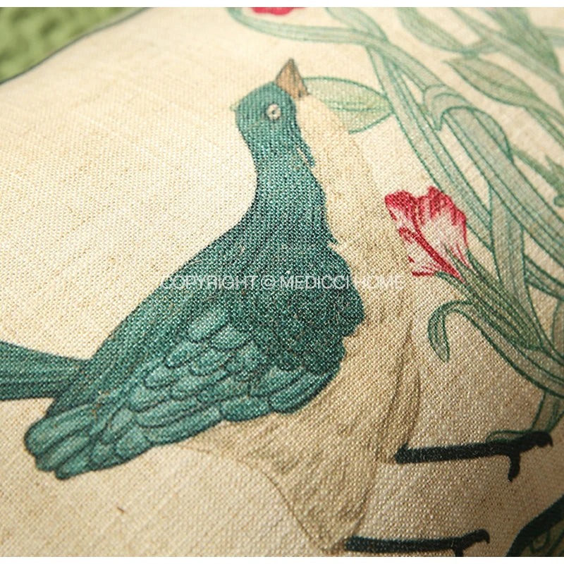 DecorBites™ French Linen Flax Lumbar Pillow Cover Flower Birds Print, Fairy Green
