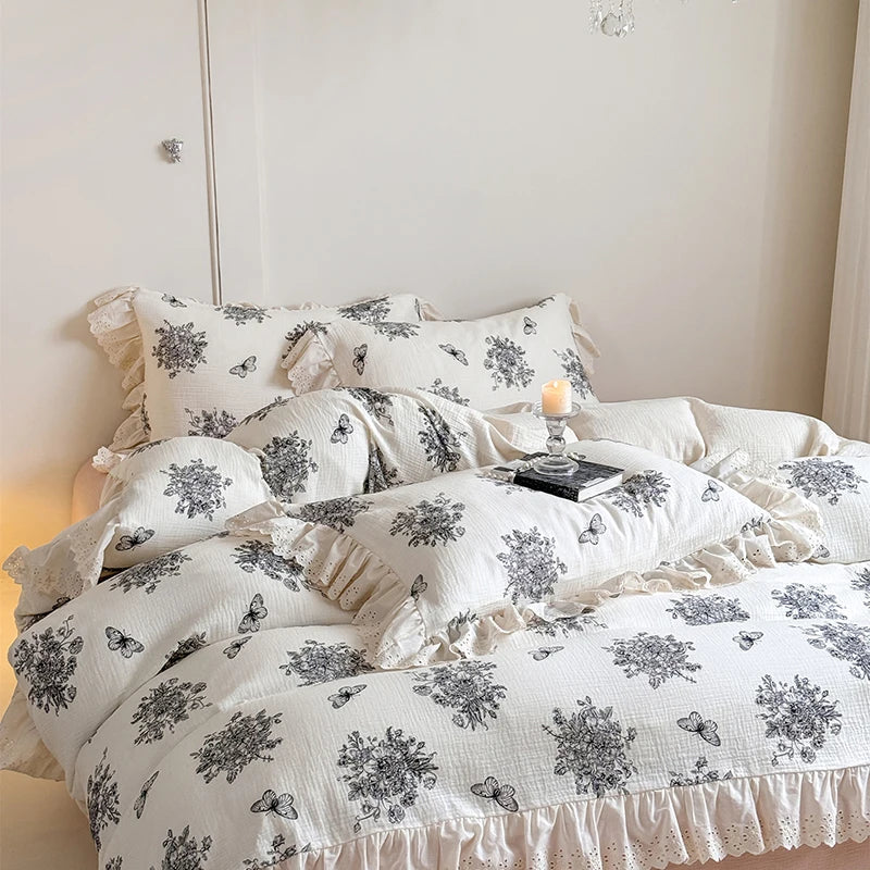 DecorBites™ French Lace Floral Ruffles Bedding Set - 100% Cotton Wrinkled Yarn 4Pcs