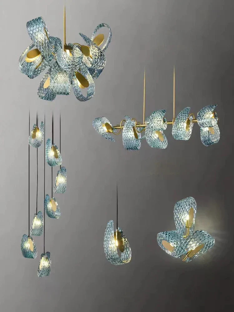 DecorBites™ LED Art Deco Blue Peacock Leaf Copper Ceiling Chandelier for Living Room
