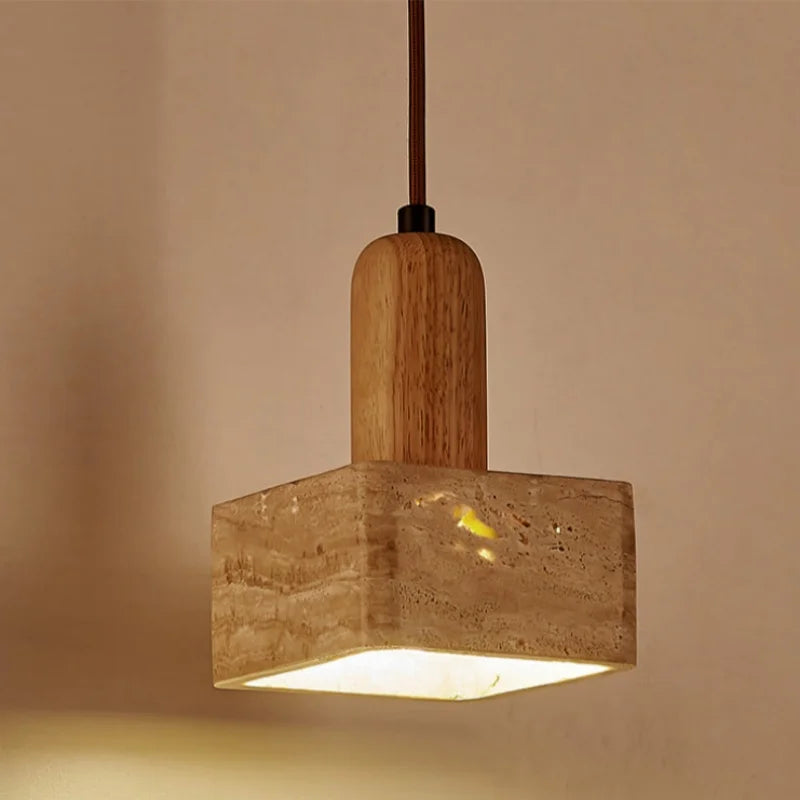 Nordic yellow travertine stone and wood pendant light dining room