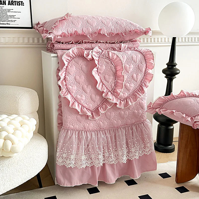 DecorBites™ Korean Princess Style Bedding Set with Lace Ruffles and Love Theme