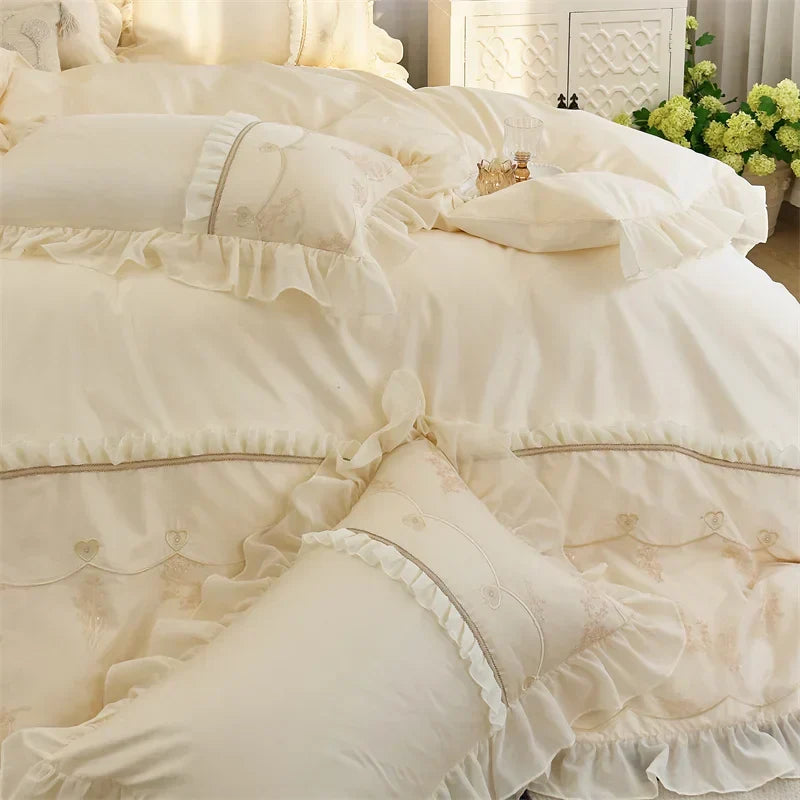 DecorBites™ Elegant Heart Embroidery Lace Princess Wedding Bedding Set