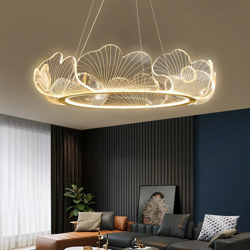 DecorBites™ Ginkgo Acrylic LED Pendant Chandelier Light, Gold Metal, Dimmable, Modern Minimalism