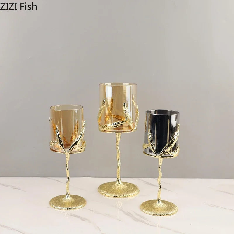 DecorBites™ Golden Branches Candle Holders Metal Glass Candlestick Aroma Container