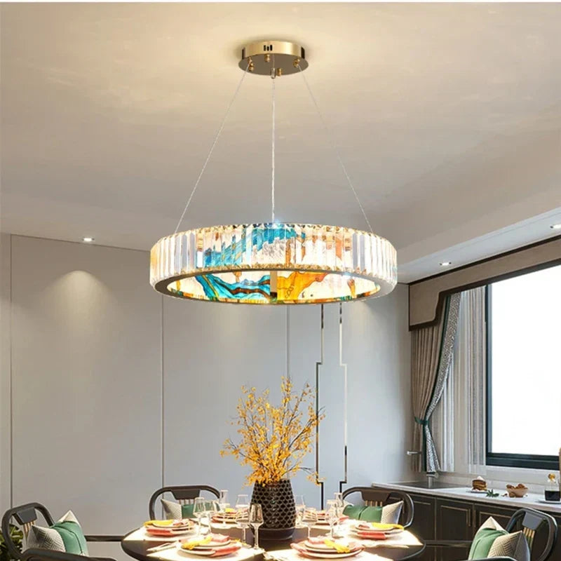Modern blue & amber crystal chandelier pendant dining room light