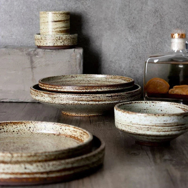 DecorBites™ Japanese Style Handmade Stoneware Dinnerware Set - Round Plates and Bowls