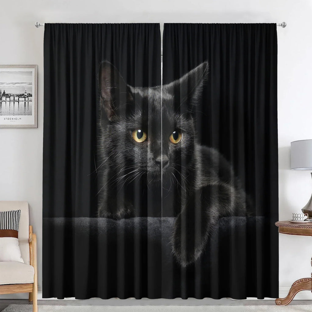 DecorBites™ Black Cat Color Owl Modern Printed Curtain Set