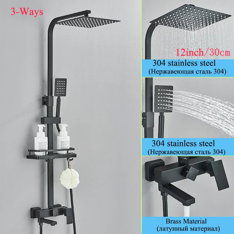 DecorBites™ Black Brass Shower Faucet Set with Rotatable Tub Spout and Rain Shower Column