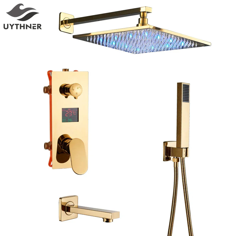 DecorBites™ Gold Digital Shower Set with 3-Functions LED Rainfall Head
