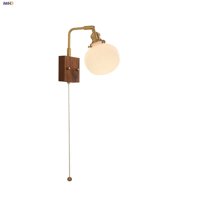 DecorBites™ Globe Ceramic LED Wall Lights Walnut Wood Sconce Rotatable Bedside Lamp
