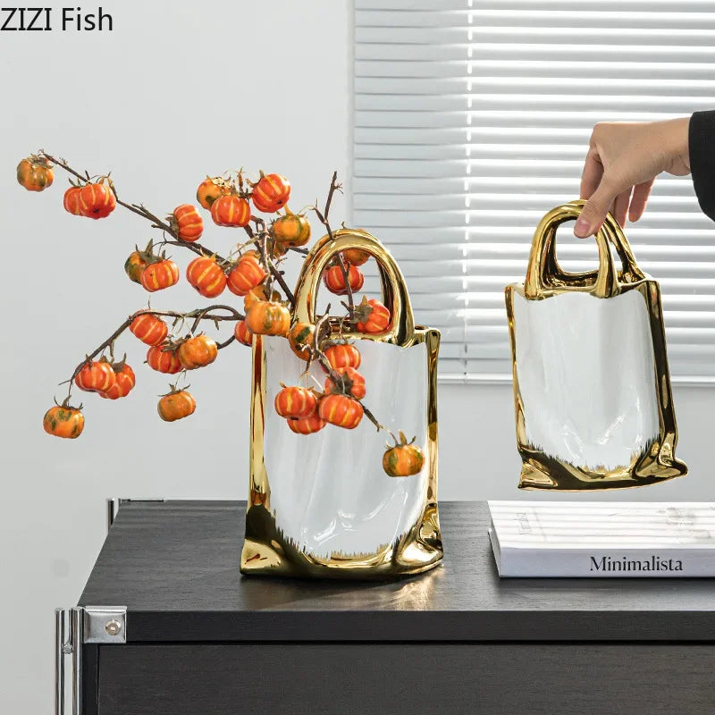 DecorBites™ Golden Handbag Ceramic Vase for Stunning Flower Arrangements