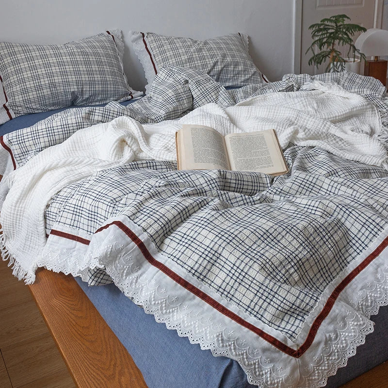 DecorBites™ Korean Seersucker Lace Ruffles Bedding Set for Girls