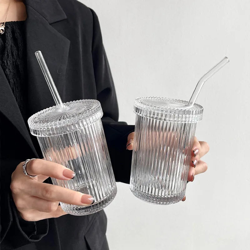 DecorBites™ Glass Straw Cup Set | Japanese Style Coffee Tea Milk Cup with Lid