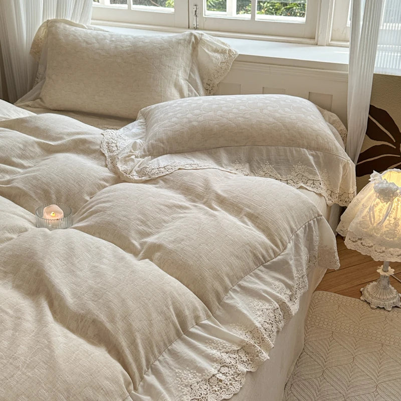 DecorBites™ Jacquard Linen Cotton Ruffles Bedding Set with French Lace in Natural Skin Tone