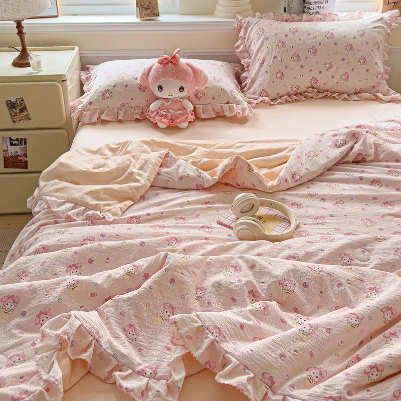 DecorBites™ Korean Cotton Patchwork Quilt with Lace and Ruffle for Summer