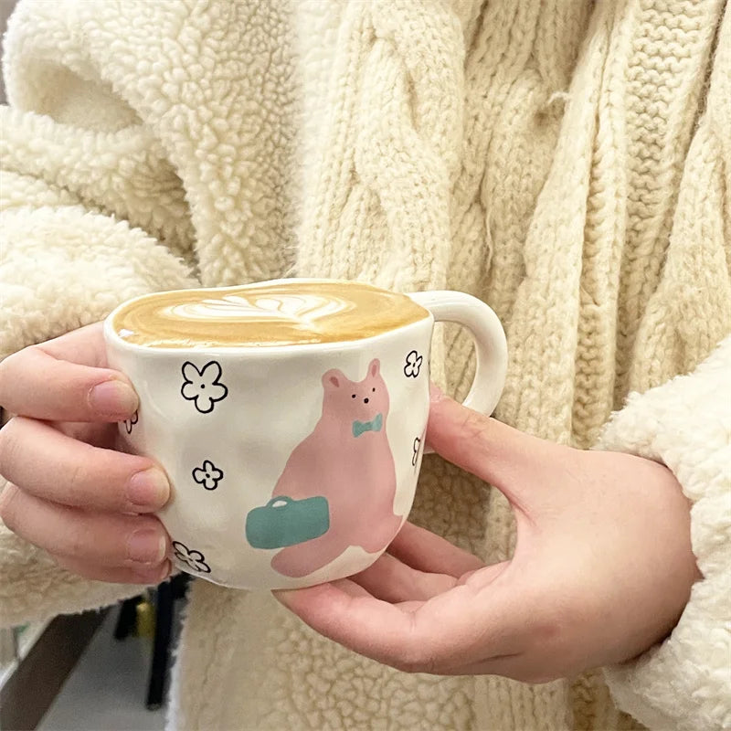 DecorBites™ Irregular Ceramic Bear Mug: Handcrafted Coffee Cup for Office and Couples