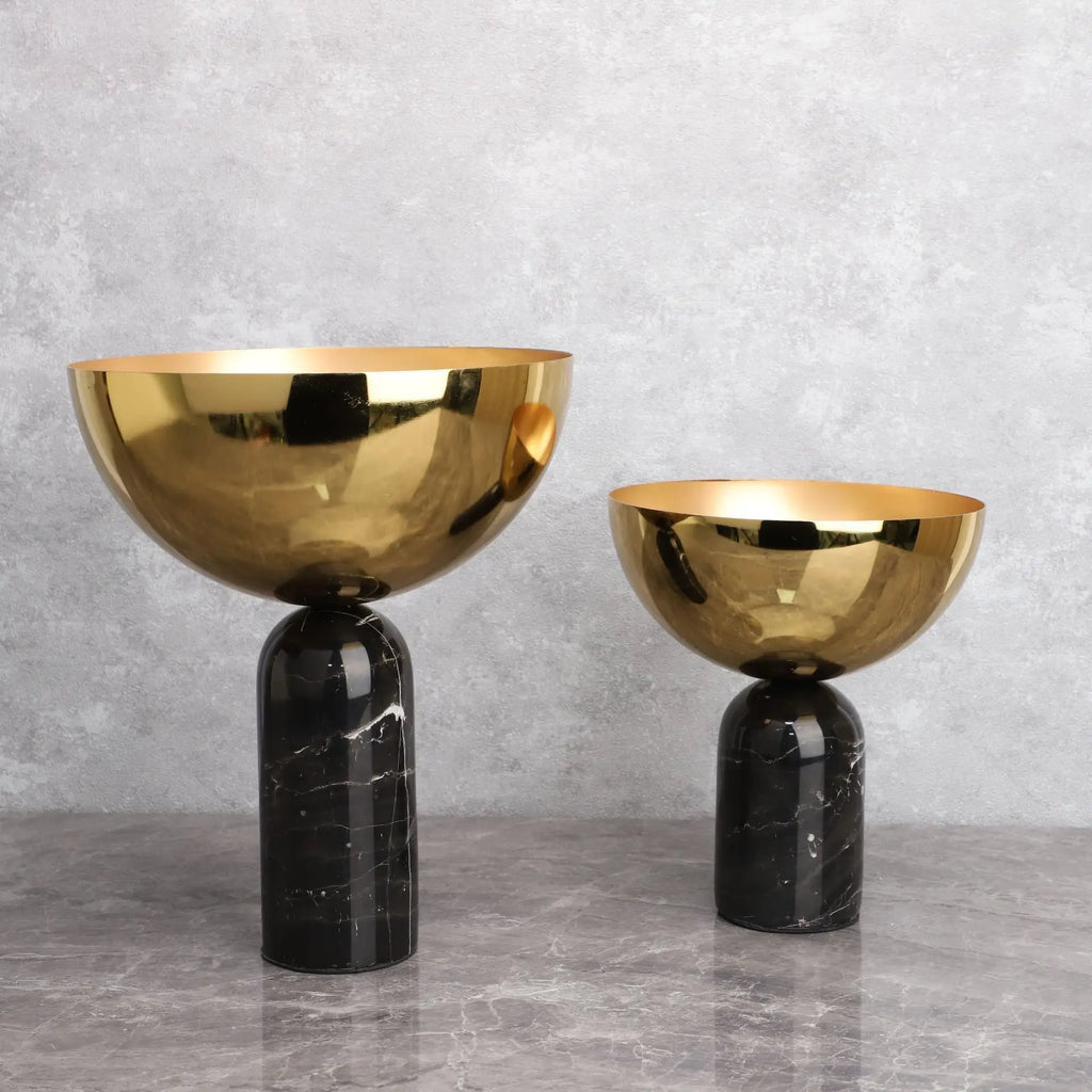DecorBites™ Golden Fruit Bowl Marble Base Handicraft Tray Vase Figurine Metal Container