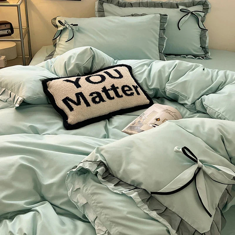 DecorBites™ Cotton Embroidery Bedding Set with Lace for All Seasons