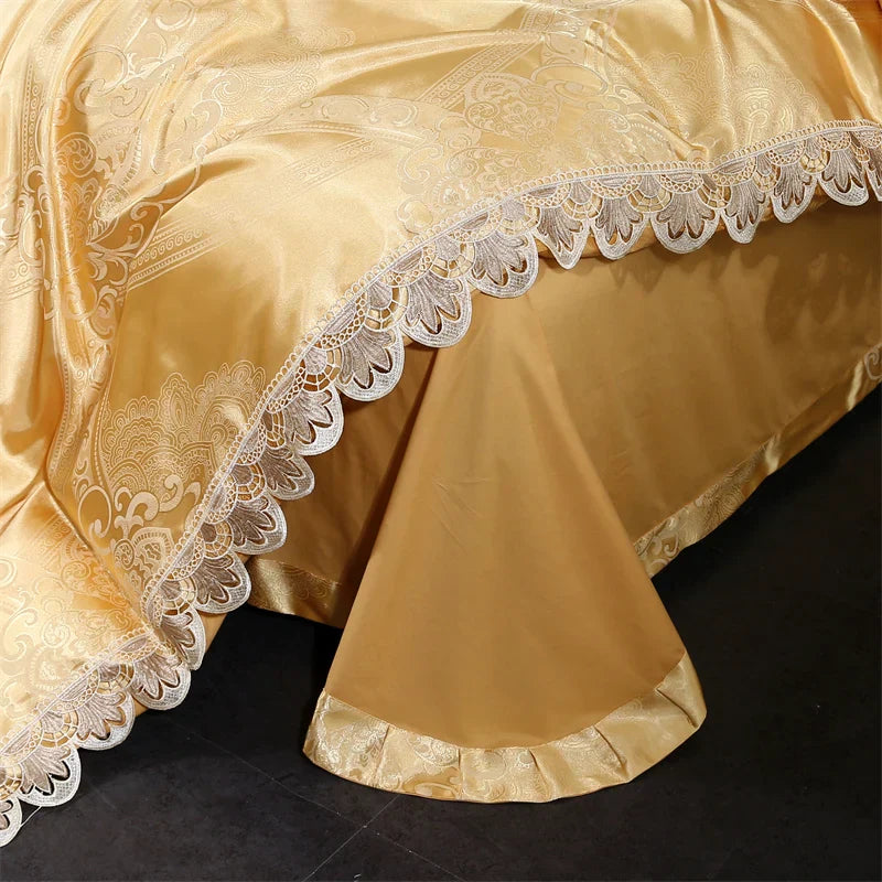 DecorBites™ Golden Jacquard Cotton Lace Bedding Set - Silky Soft Duvet Cover, Flat Sheet, Pillowcase