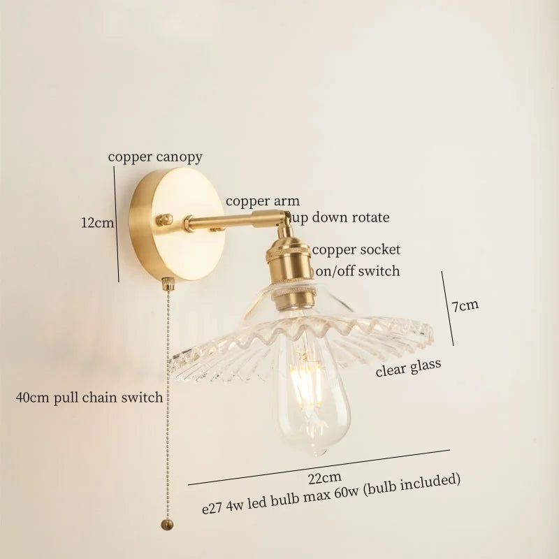 Vintage brass and green glass led wall light bedroom sconce