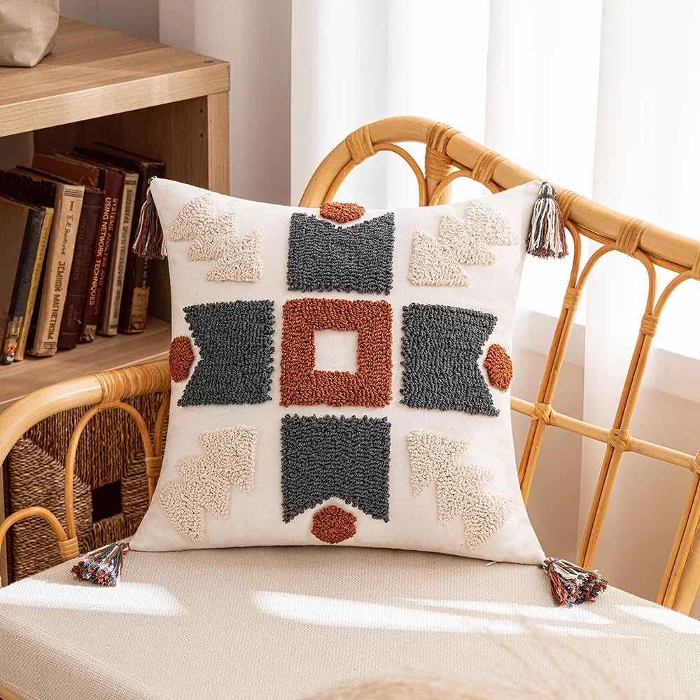 DecorBites™ Geometric Tufted Tassel Pillow Cover - Handcrafted Boho Chic Cushion Cover
