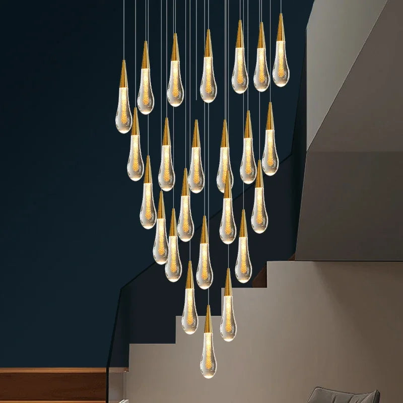 DecorBites™ Gold Drop Design LED Crystal Chandelier for Staircase & Lobby