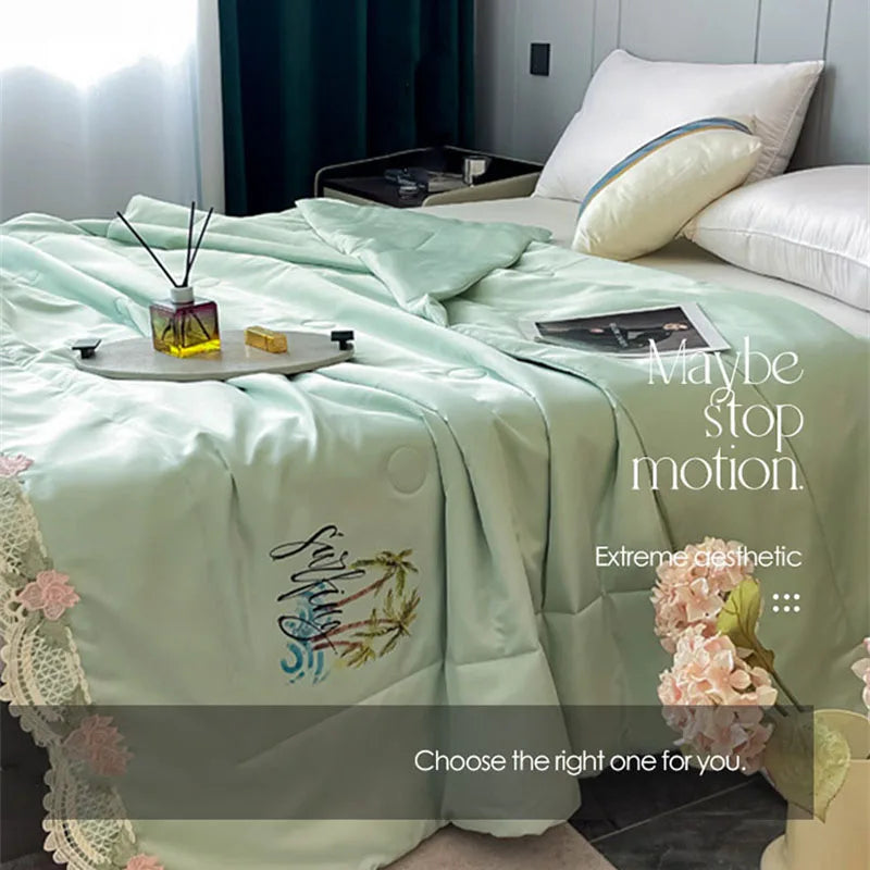 DecorBites™ Lace Edge Flowers Embroidery Cool Blanket for Bed - Machine Washable Summer Quilt