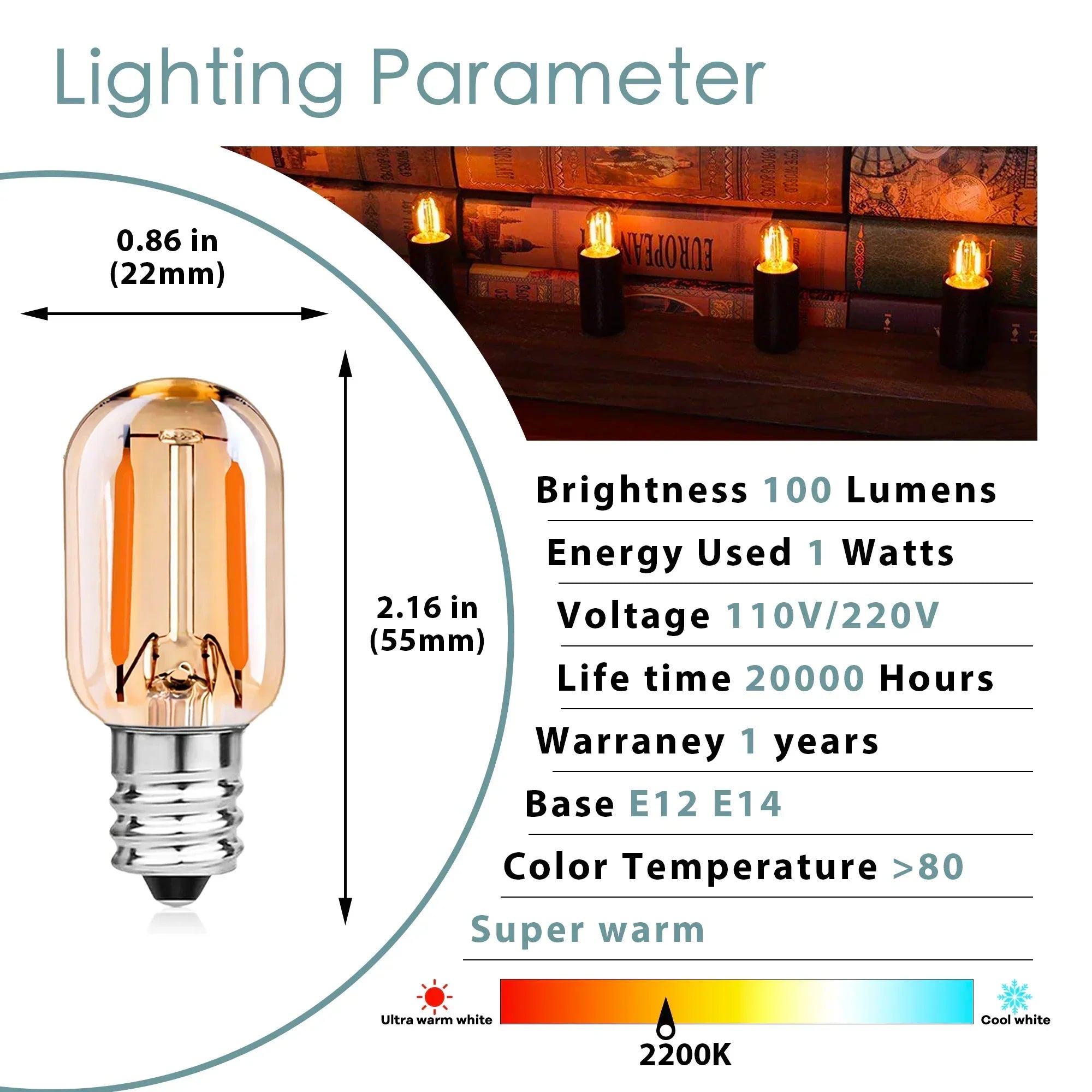 DecorBites™ Dimmable Mini 1W Amber Glass E12 E14 LED Filament Lamp Bulb
